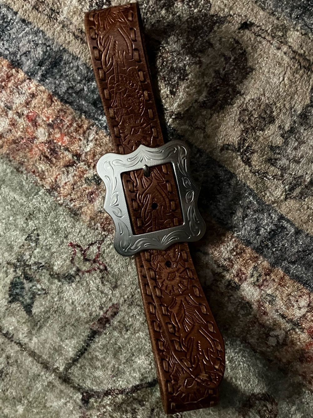 RALPH LAUREN Brown Leather Western Belt with Decorative Silver-Tone Buckle - Picture 2 of 5